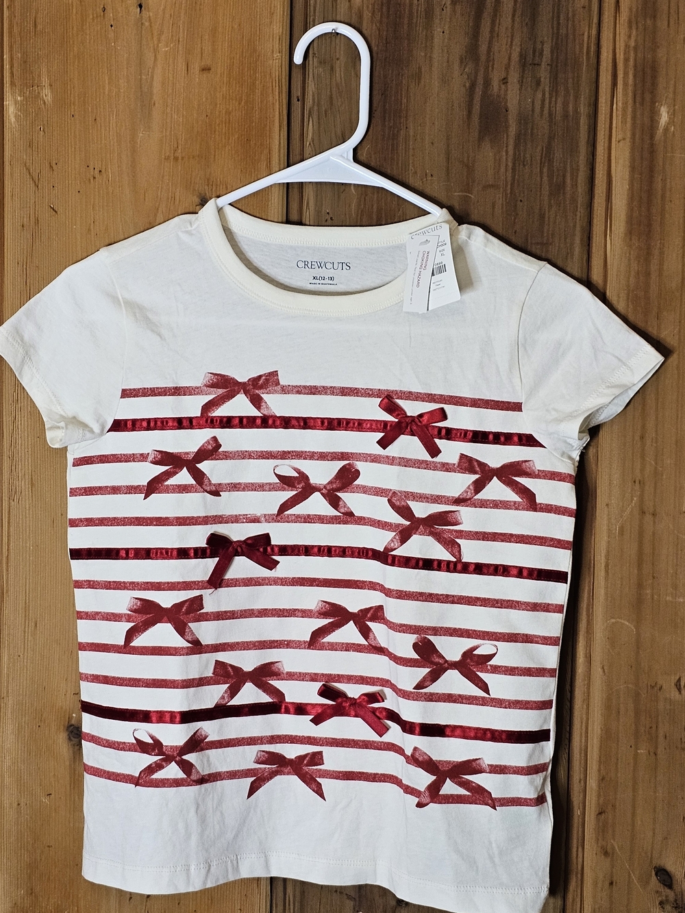 Crewcuts Girls' Cream Tee with Red Bow Stripes